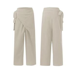 Celmia Wrap Front Wide Leg Pants Beige Breathable Cotton Large